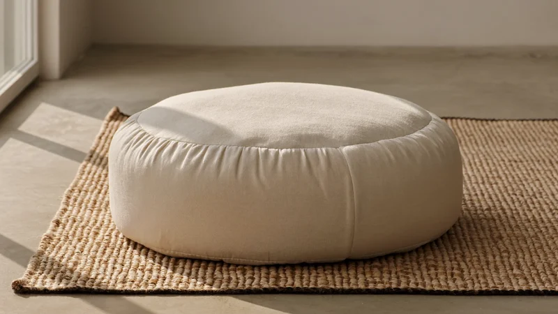 Cuscino da meditazione rotondo in cotone non tinto appoggiato su un tappeto di iuta