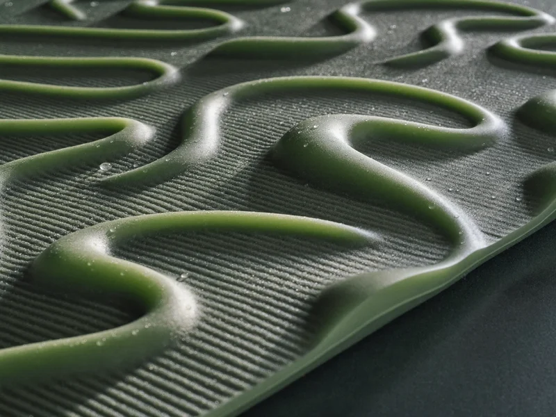 Primo piano macro della superficie grippante di un tappetino in gomma naturale con gocce d'acqua